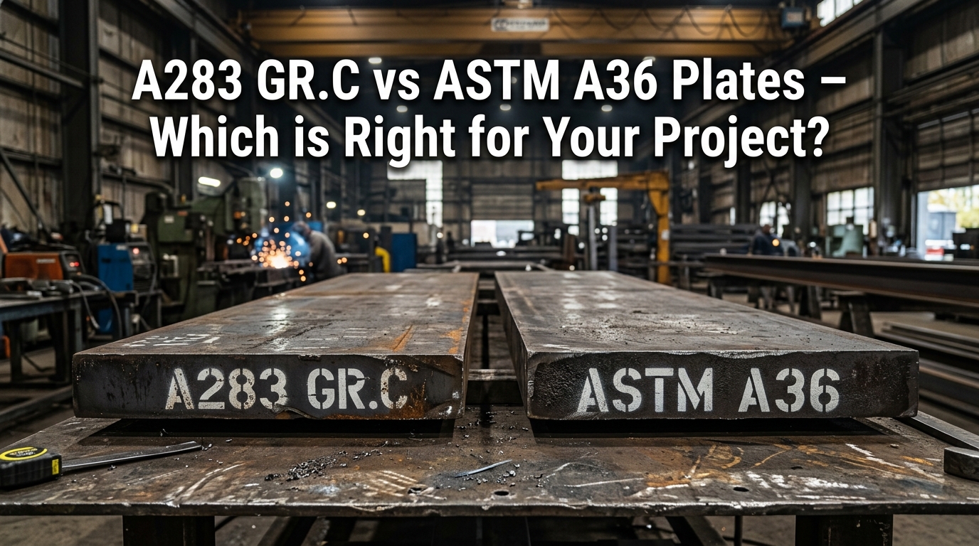 Industrial workshop showing two steel plates labeled A283 GR.C and ASTM A36 placed side by side on a fabrication table, highlighting a comparison between mild steel plate grades used for structural and industrial applications.