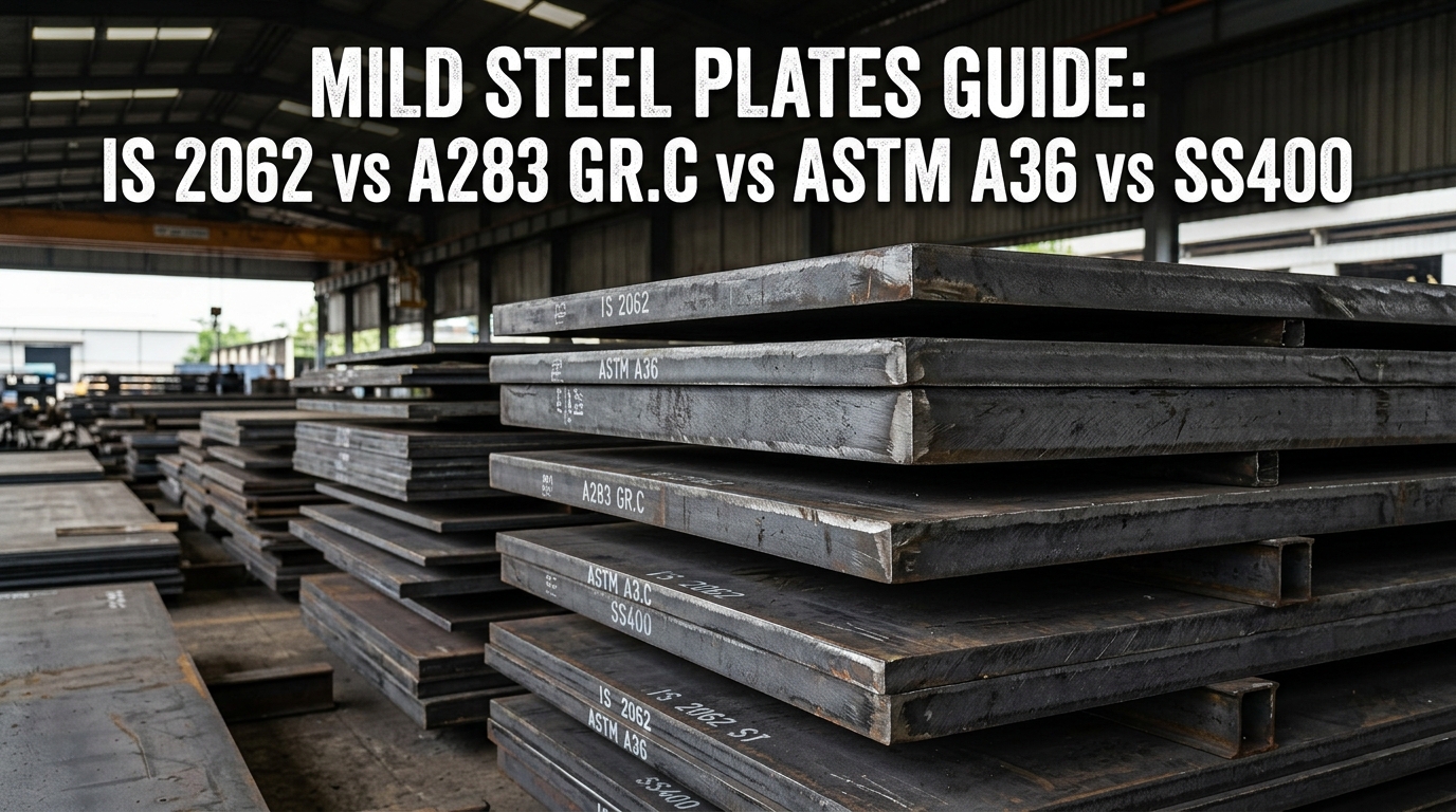 Warehouse interior displaying stacked mild steel plates labeled IS 2062, ASTM A36, A283 GR.C, and SS400, representing a comparison of commonly used structural and industrial steel plate grades for fabrication, construction, and export applications.